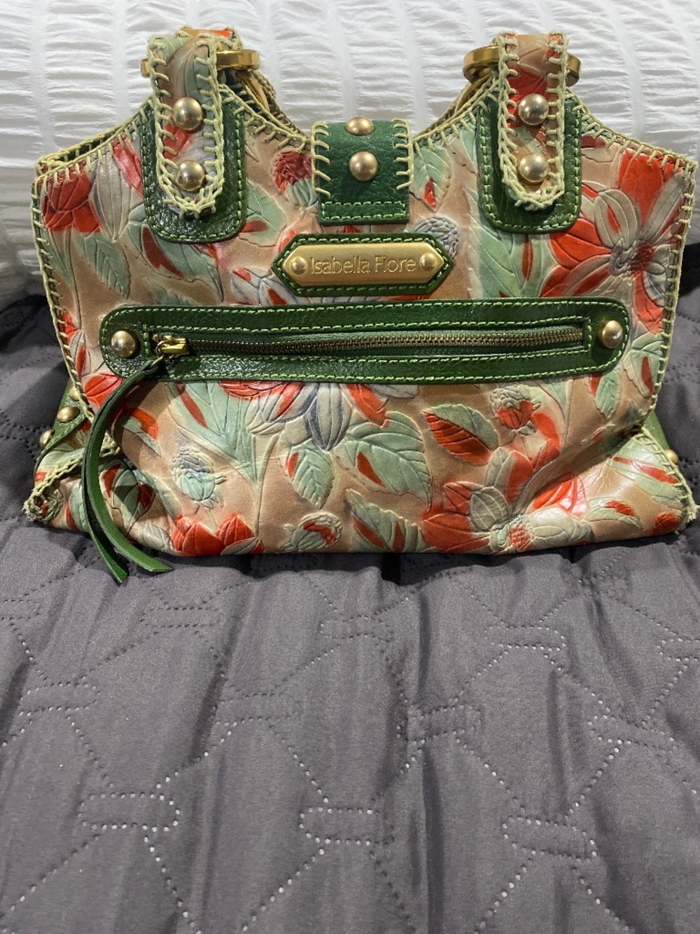 Isabella Fiore Floral Leather Whipstitch Satchel Bag Y2K